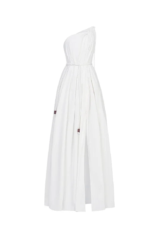 Maxi dresses with thin spaghetti straps for a delicate and feminine feelNguyet Flared One Shoulder Poplin Floor Length Dress Maxi dresses with thin spaghetti straps for a delicate and feminine feelNguyet Flared One Shoulder Poplin Floor Length Dress