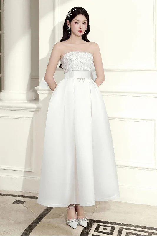 Maxi dresses with bow accents at the waist for a sweet appearancePrincess Strapless Straight Across Neck Taffeta Ankle Length Dress Maxi dresses with bow accents at the waist for a sweet appearancePrincess Strapless Straight Across Neck Taffeta Ankle Length Dress
