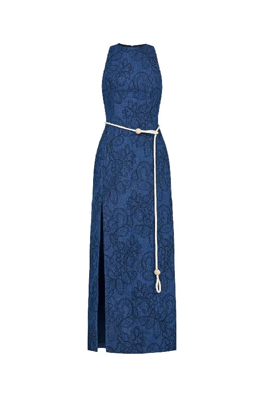 Maxi dresses with a wrap - around style for a customizable fitThach Thao Slit Jewel Neck Denim Ankle Length Dress Maxi dresses with a wrap - around style for a customizable fitThach Thao Slit Jewel Neck Denim Ankle Length Dress