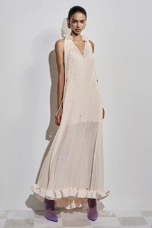 Maxi dresses with a button - down front for a classic lookVictoire Pleated V-Neck Polyester Ankle Length Dress Maxi dresses with a button - down front for a classic lookVictoire Pleated V-Neck Polyester Ankle Length Dress