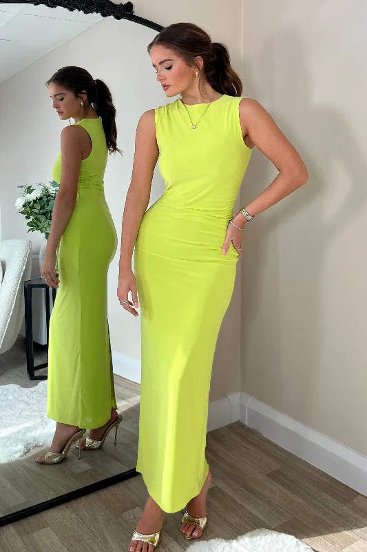 Midi dresses with ruched sleeves for a more fitted and stylish arm lookAya Sleeveless Bodycon Midi Dress in Lime Midi dresses with ruched sleeves for a more fitted and stylish arm lookAya Sleeveless Bodycon Midi Dress in Lime