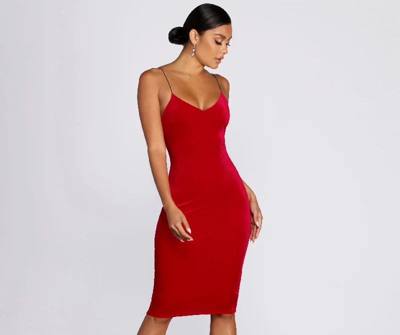 Midi dresses with asymmetric hems for a fashion - forward and dynamic appearanceBabe's A Bombshell Velvet Midi Dress Midi dresses with asymmetric hems for a fashion - forward and dynamic appearanceBabe's A Bombshell Velvet Midi Dress
