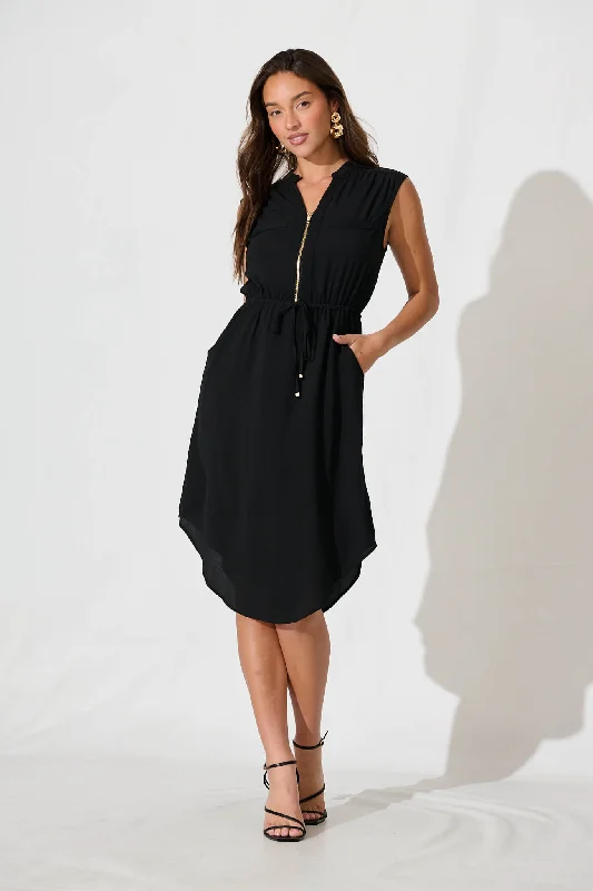Midi dresses with pleated bodices for a classic and tailored lookBedfordshire Zip Dress In Black Midi dresses with pleated bodices for a classic and tailored lookBedfordshire Zip Dress In Black