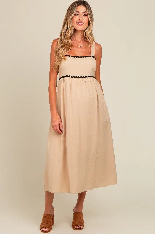 Wrap - style midi dresses in silk for a sophisticated office lookBeige Contrast Trim Maternity Midi Dress Wrap - style midi dresses in silk for a sophisticated office lookBeige Contrast Trim Maternity Midi Dress
