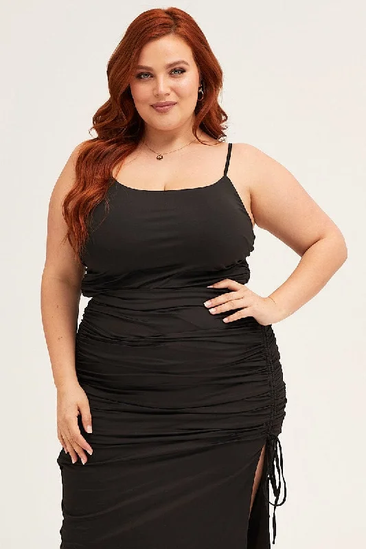 Midi dresses with V - necklines for a flattering and elongating effectBlack Jersey Sleeveless Ruched Bodycon Midi Dress Midi dresses with V - necklines for a flattering and elongating effectBlack Jersey Sleeveless Ruched Bodycon Midi Dress