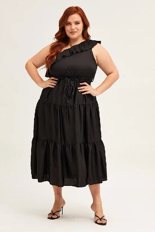 Midi dresses with pleated skirts for a timeless and elegant appealBlack Midi Dress One Frill Shoulder Midi dresses with pleated skirts for a timeless and elegant appealBlack Midi Dress One Frill Shoulder