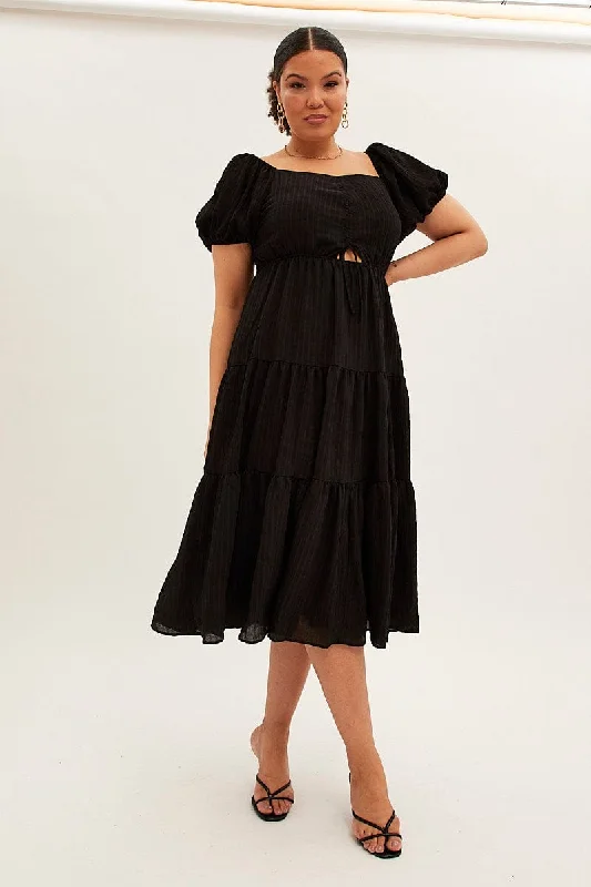 Midi dresses with tassel accents for a bohemian and free - spirited styleBlack Midi Dress Short Sleeve Cut Out Textured Midi dresses with tassel accents for a bohemian and free - spirited styleBlack Midi Dress Short Sleeve Cut Out Textured