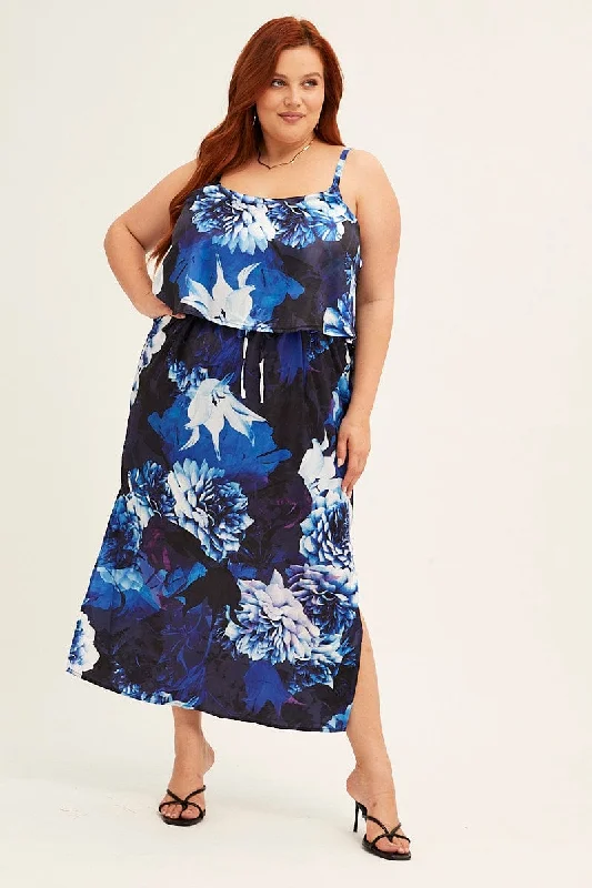 Midi dresses with pom - pom trims for a playful and festive lookBlue Abstract Midi Dress Sleeveless Side Split Satin Midi dresses with pom - pom trims for a playful and festive lookBlue Abstract Midi Dress Sleeveless Side Split Satin