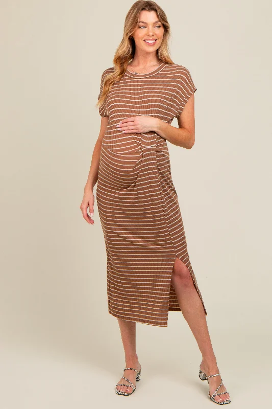 Midi dresses with satin - finish fabrics for a luxurious feelBrown Striped Gathered Waist Maternity Dress Midi dresses with satin - finish fabrics for a luxurious feelBrown Striped Gathered Waist Maternity Dress