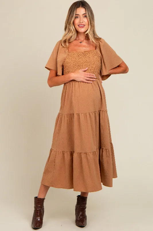 Midi dresses with off - the - shoulder necklines for a flirty lookCamel Crochet Tiered Lace Maternity Midi Dress Midi dresses with off - the - shoulder necklines for a flirty lookCamel Crochet Tiered Lace Maternity Midi Dress