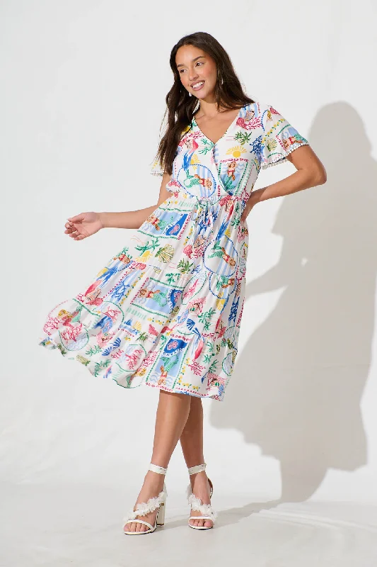 Midi dresses with metallic threads for a glamorous evening eventCaspia Midi Dress in White Multi Summer with Ric Rac Trim Midi dresses with metallic threads for a glamorous evening eventCaspia Midi Dress in White Multi Summer with Ric Rac Trim