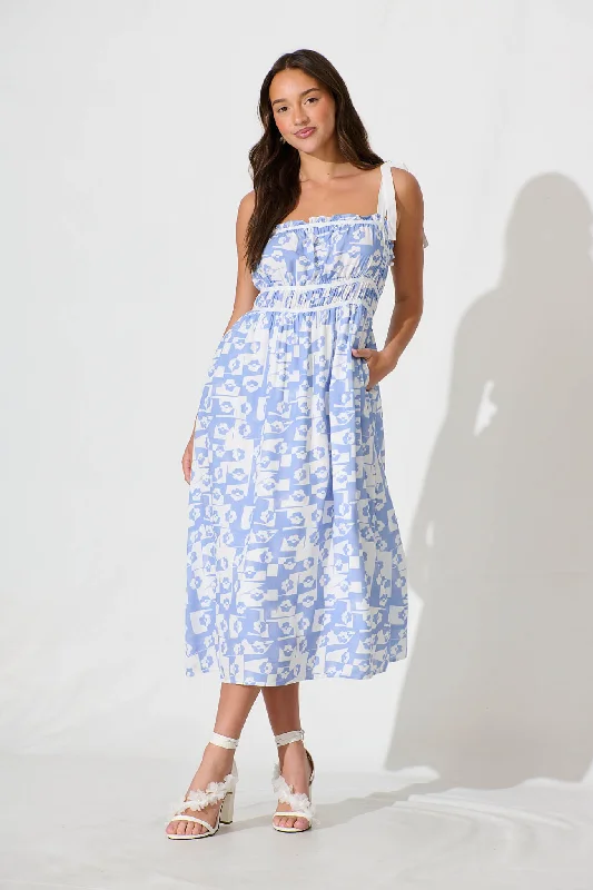 Midi dresses with abstract art prints for an artistic statementCataleya Midi Sundress In White And Blue Linen Blend Midi dresses with abstract art prints for an artistic statementCataleya Midi Sundress In White And Blue Linen Blend