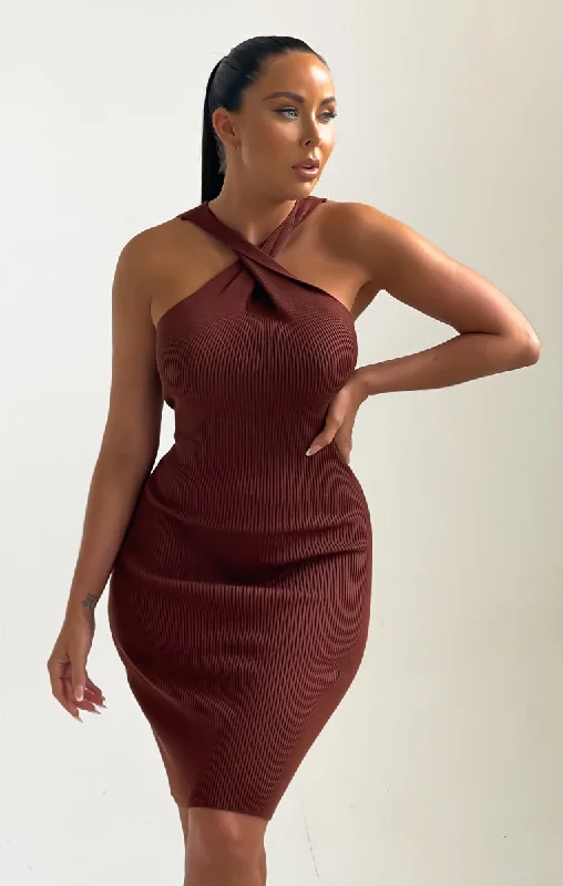 A - line midi dresses with floral prints for spring brunchesChocolate Knitted Cross Over Bodycon Midi Dress - Shiva