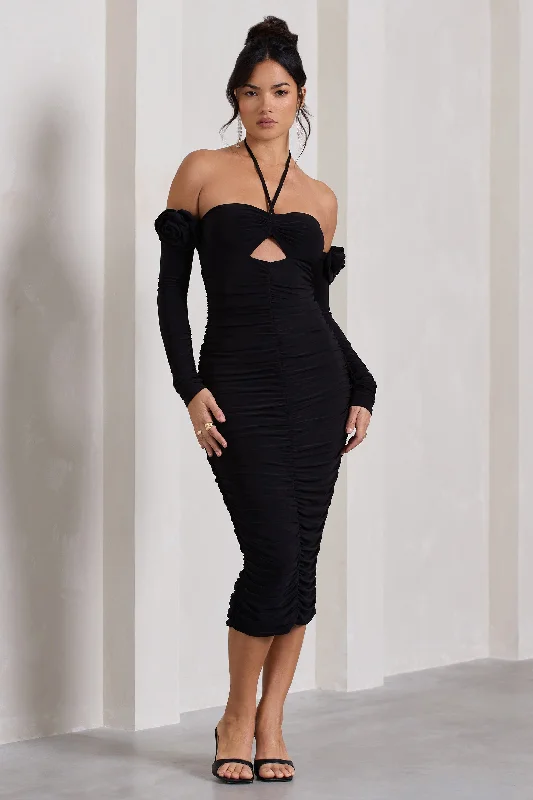 Midi dresses with lace - up fronts for a unique and adjustable styleExtra Special | Black Ruched Halter-Neck Midi Dress With Flowers Midi dresses with lace - up fronts for a unique and adjustable styleExtra Special | Black Ruched Halter-Neck Midi Dress With Flowers