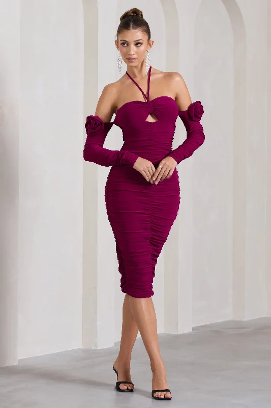 Midi dresses with animal prints for a bold and confident appearanceExtra Special | Dark Cherry Ruched Halter-Neck Midi Dress With Flowers Midi dresses with animal prints for a bold and confident appearanceExtra Special | Dark Cherry Ruched Halter-Neck Midi Dress With Flowers