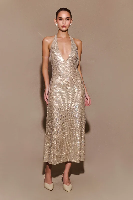 Midi dresses with bow accents for a sweet and charming lookGenie Diamante Halter Midi Dress - Nude