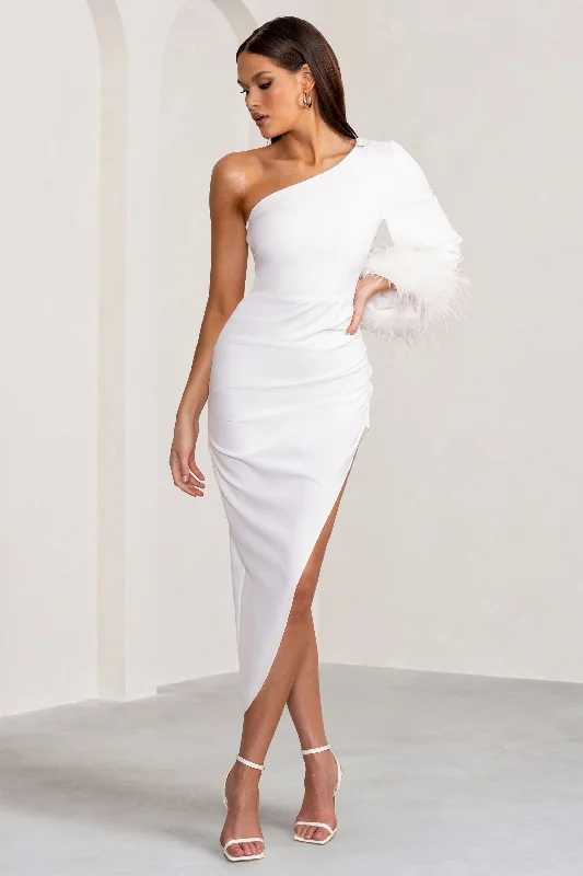 Midi dresses with mesh inserts for a trendy and breathable optionGigi | White Asymmetric Midi Dress with Feather Trim Cape Sleeve Midi dresses with mesh inserts for a trendy and breathable optionGigi | White Asymmetric Midi Dress with Feather Trim Cape Sleeve