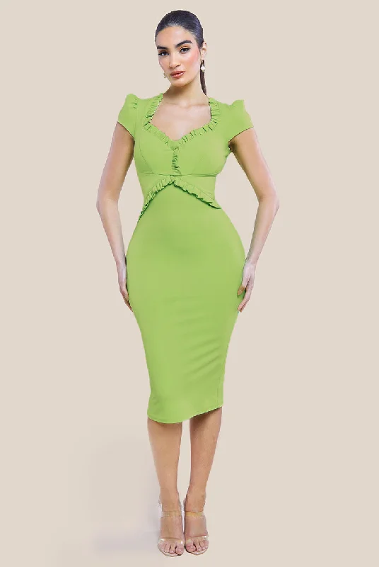 Maxi - inspired midi dresses with flowing fabrics for a beachy vibeGoddiva Cap Sleeve Frill Edge Midi Dress - Lime Green Maxi - inspired midi dresses with flowing fabrics for a beachy vibeGoddiva Cap Sleeve Frill Edge Midi Dress - Lime Green