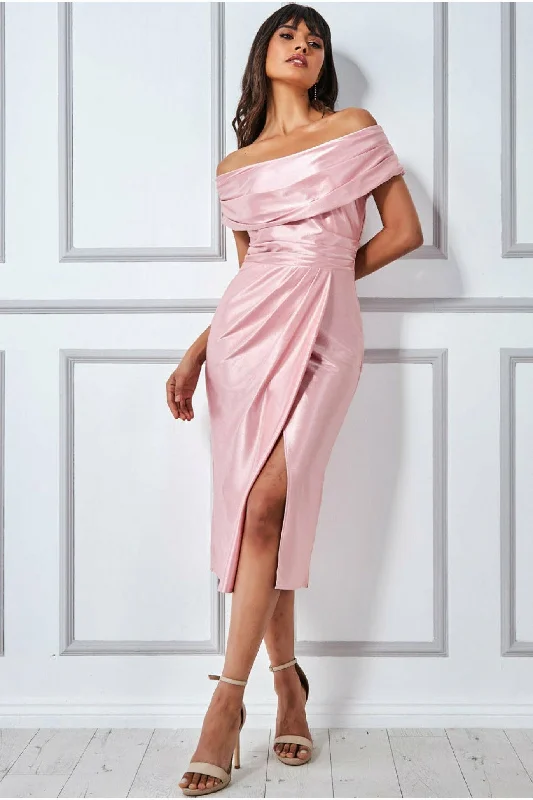 Plaid midi dresses for a fall - themed family gatheringGoddiva Cowl Neck Bardot Satin Midi With Front Split - Blush Plaid midi dresses for a fall - themed family gatheringGoddiva Cowl Neck Bardot Satin Midi With Front Split - Blush