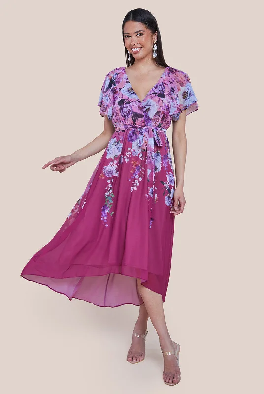 Midi dresses with ruffled sleeves for a more feminine and voluminous lookGoddiva Flutter Sleeve A-Line Chiffon Floral Printed Midi Dress - Magenta Midi dresses with ruffled sleeves for a more feminine and voluminous lookGoddiva Flutter Sleeve A-Line Chiffon Floral Printed Midi Dress - Magenta