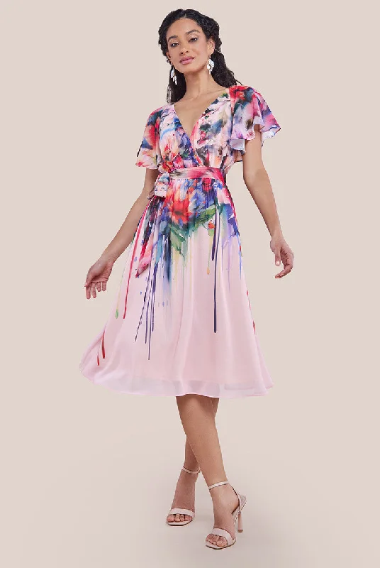 Midi dresses with embroidered accents for a unique and detailed designGoddiva Flutter Sleeve Floral Bodice Midi Dress - Blush Midi dresses with embroidered accents for a unique and detailed designGoddiva Flutter Sleeve Floral Bodice Midi Dress - Blush