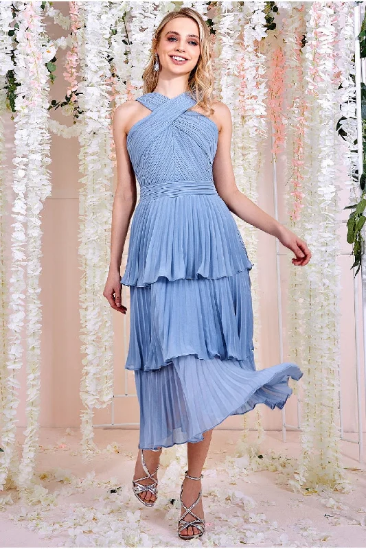 Midi dresses with ruffled hems for a romantic date nightGoddiva Pleated Bodice Chiffon Tiered Midi - Blue