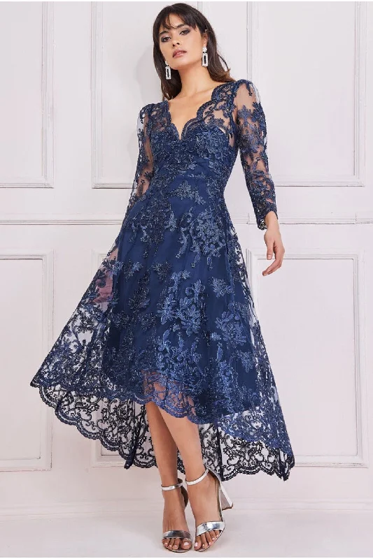 Midi dresses with bow accents for a sweet and charming lookGoddiva Scalloped Lace Dipped Hem Midi Dress - Navy Midi dresses with bow accents for a sweet and charming lookGoddiva Scalloped Lace Dipped Hem Midi Dress - Navy