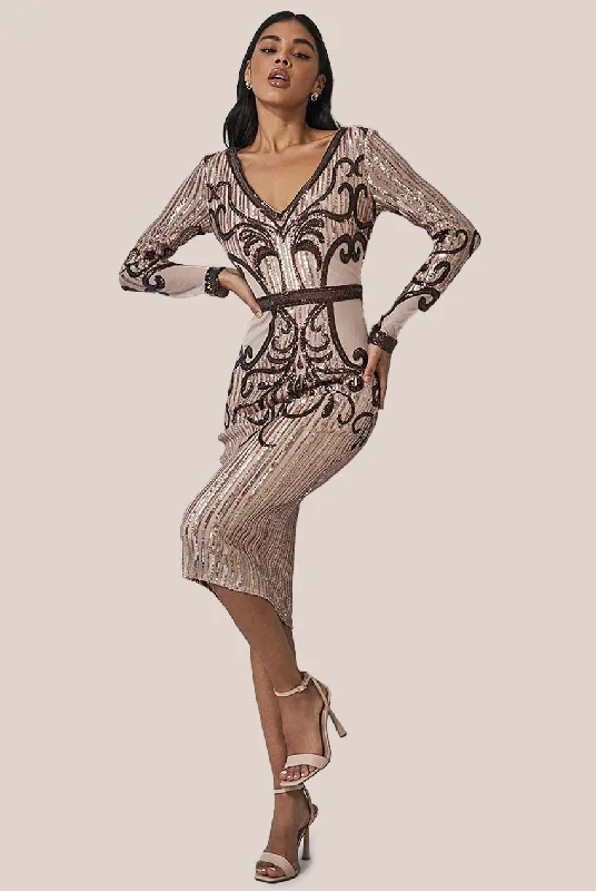 Midi dresses with printed lining for a hidden and stylish detailGoddiva Sequin & Mesh Embroidered Midi - Champagne Midi dresses with printed lining for a hidden and stylish detailGoddiva Sequin & Mesh Embroidered Midi - Champagne