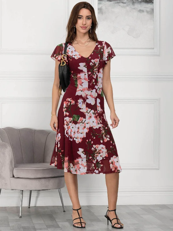 Midi dresses with ruched bodices for a feminine and fitted feelJolie Moi Acela Floral Print Mesh Dress, Wine Floral Midi dresses with ruched bodices for a feminine and fitted feelJolie Moi Acela Floral Print Mesh Dress, Wine Floral