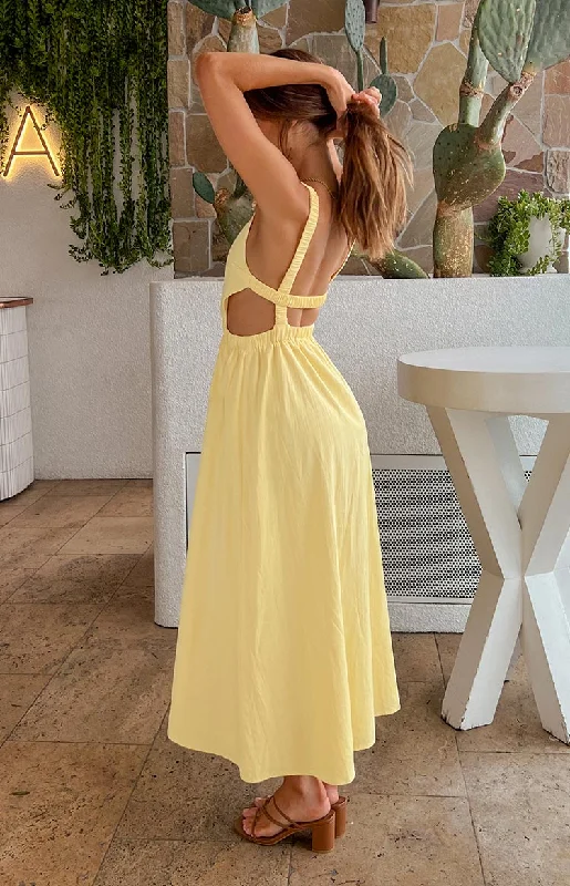 Midi dresses with abstract art prints for an artistic statementKensington Yellow Backless Midi Dress Midi dresses with abstract art prints for an artistic statementKensington Yellow Backless Midi Dress