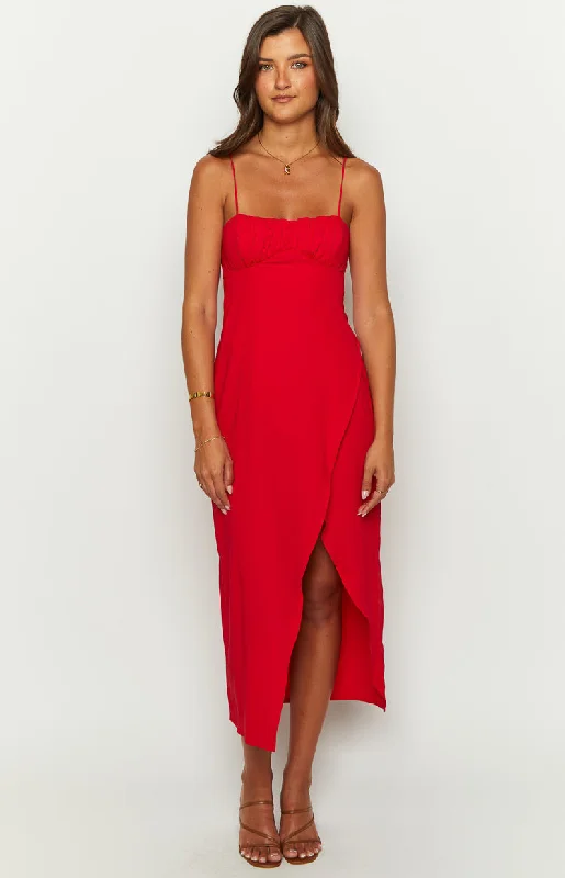 A - line midi dresses with floral prints for spring brunchesKirrily Red Midi Dress