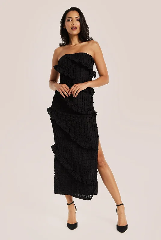 Midi dresses with pleated bodices for a classic and tailored lookLiquorish Diagonal Frilled Slit Detail Jersey Dress In Black