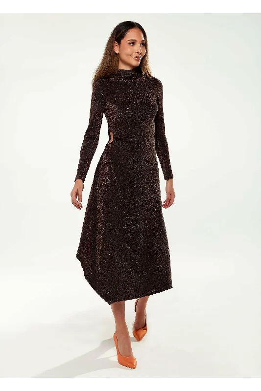 Midi dresses with ruched bodices for a feminine and fitted feelLiquorish Lurex High Neck Midi Dress In Bronze Midi dresses with ruched bodices for a feminine and fitted feelLiquorish Lurex High Neck Midi Dress In Bronze