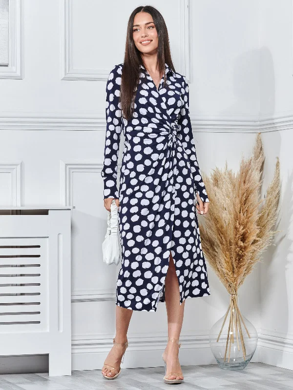Midi dresses with patchwork patterns for a one - of - a - kind styleLong Sleeve Printed Jersey Shirt Dress, Navy Polka Dot Midi dresses with patchwork patterns for a one - of - a - kind styleLong Sleeve Printed Jersey Shirt Dress, Navy Polka Dot
