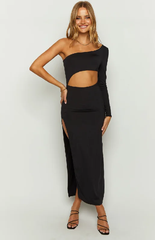 Midi dresses with button - front designs for a classic touchMaxine Black One Shoulder Midi Dress Midi dresses with button - front designs for a classic touchMaxine Black One Shoulder Midi Dress