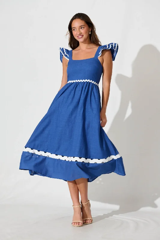 Midi dresses with ribbed textures for a unique and tactile appearanceMiami Midi Dress In Blue With White Ric Rac Cotton Midi dresses with ribbed textures for a unique and tactile appearanceMiami Midi Dress In Blue With White Ric Rac Cotton