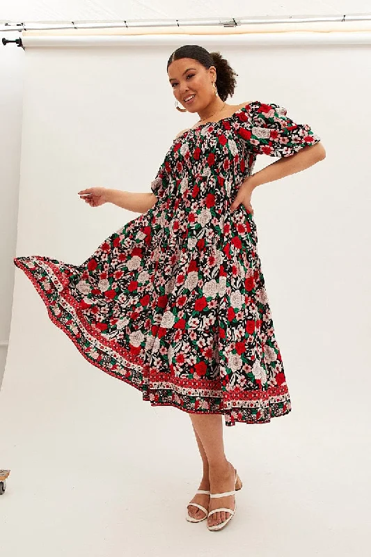 Midi dresses with printed lining for a hidden and stylish detailMulti Boho Midi Dress Off Shoulder Tie Back Midi dresses with printed lining for a hidden and stylish detailMulti Boho Midi Dress Off Shoulder Tie Back