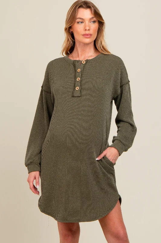 A - line midi dresses with floral prints for spring brunchesOlive Ribbed Button Accent Maternity Dress A - line midi dresses with floral prints for spring brunchesOlive Ribbed Button Accent Maternity Dress