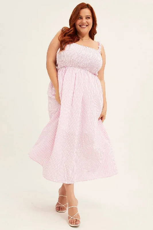 Midi dresses with ruffled hems for a romantic date nightPink Stripe Midi Dress Frill Shoulder Sleeveless Shirred Bust Midi dresses with ruffled hems for a romantic date nightPink Stripe Midi Dress Frill Shoulder Sleeveless Shirred Bust