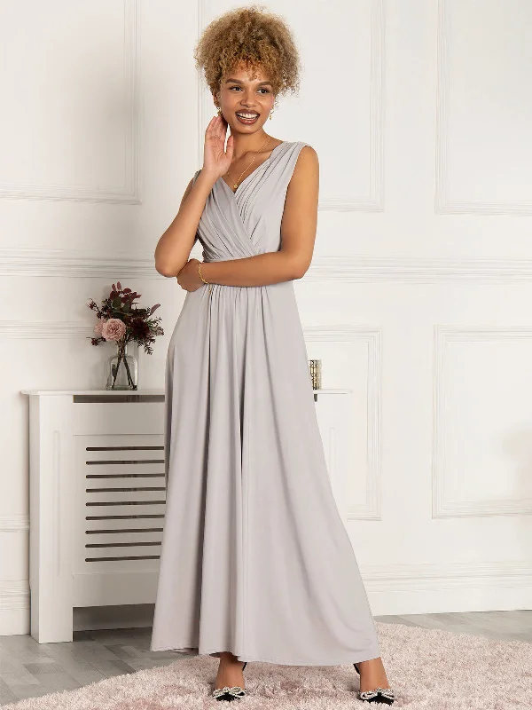 Midi dresses with one - shoulder designs for a modern and asymmetric stylePlunge V Neck Draped Maxi Dress, Silver Grey Midi dresses with one - shoulder designs for a modern and asymmetric stylePlunge V Neck Draped Maxi Dress, Silver Grey