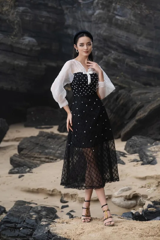Velvet midi dresses in jewel tones for a glamorous winter eventPriya A-line See-Through Mesh Sheer Midi Dress Velvet midi dresses in jewel tones for a glamorous winter eventPriya A-line See-Through Mesh Sheer Midi Dress