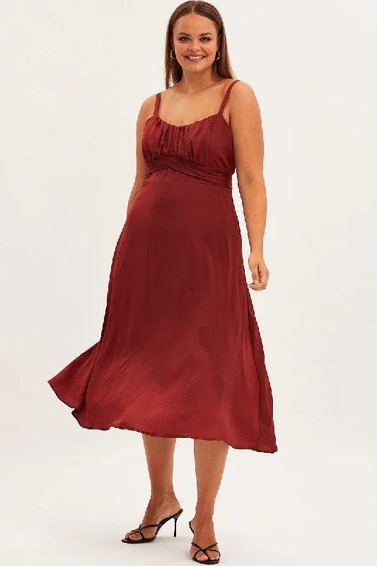 Midi dresses with V - necklines for a flattering and elongating effectRed Midi Dress Shoestring Strap Tie Back Satin Midi dresses with V - necklines for a flattering and elongating effectRed Midi Dress Shoestring Strap Tie Back Satin