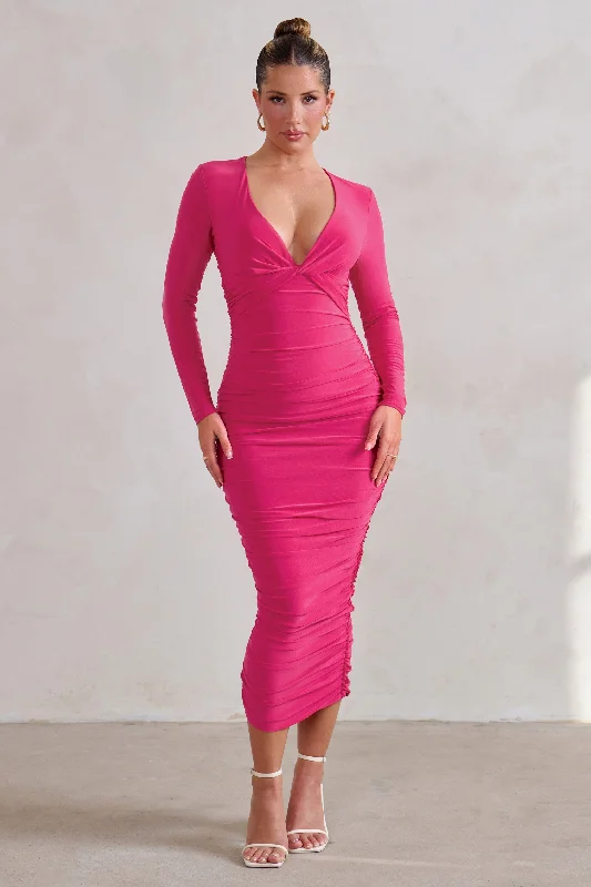 Midi dresses with ribbed textures for a unique and tactile appearanceRenee | Hot Pink Plunge Twist Neckline Long Sleeve Ruched Midi Dress Midi dresses with ribbed textures for a unique and tactile appearanceRenee | Hot Pink Plunge Twist Neckline Long Sleeve Ruched Midi Dress
