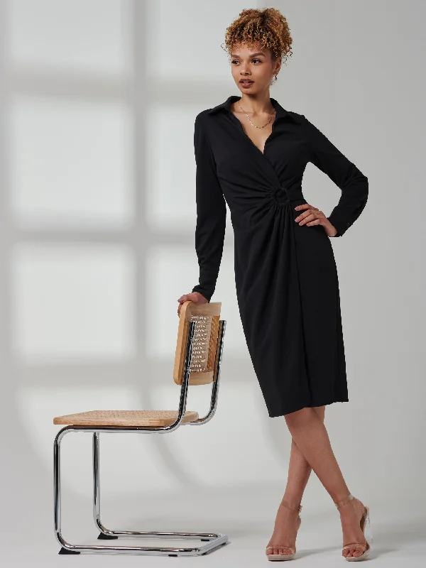 Sheath midi dresses with beaded embellishments for a formal occasionReveka Wrap Ruched Shirt Dress, Black Sheath midi dresses with beaded embellishments for a formal occasionReveka Wrap Ruched Shirt Dress, Black