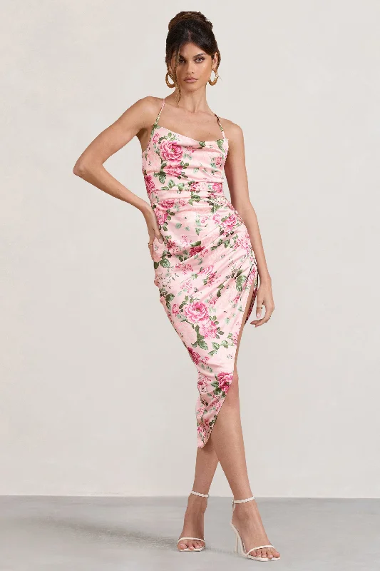 Midi dresses with denim fabric for a casual yet stylish day outRisk It All | Blush Pink Floral Print Satin Cowl Asymmetric Midi Dress Midi dresses with denim fabric for a casual yet stylish day outRisk It All | Blush Pink Floral Print Satin Cowl Asymmetric Midi Dress