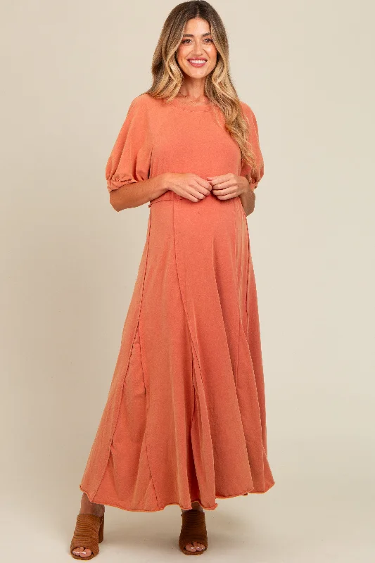 Midi dresses with ruffled sleeves for a more feminine and voluminous lookRust Vintage Wash Puff Sleeve Maternity Maxi Dress Midi dresses with ruffled sleeves for a more feminine and voluminous lookRust Vintage Wash Puff Sleeve Maternity Maxi Dress