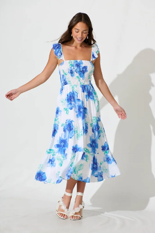 Midi dresses with cotton - blend materials for everyday comfortRylee Midi Dress in White with Blue Floral Linen Blend Midi dresses with cotton - blend materials for everyday comfortRylee Midi Dress in White with Blue Floral Linen Blend