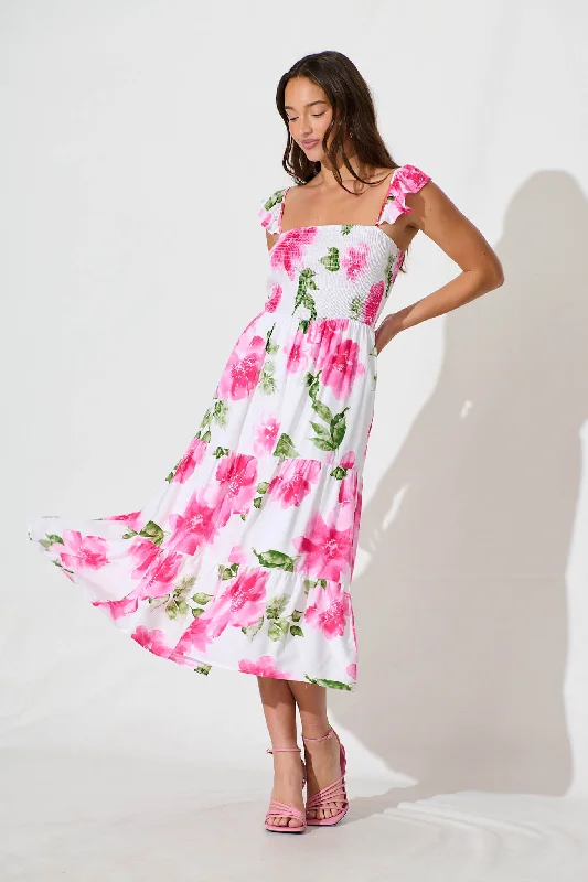 Midi dresses with satin - finish fabrics for a luxurious feelRylee Midi Dress in White with Pink Floral Linen Blend Midi dresses with satin - finish fabrics for a luxurious feelRylee Midi Dress in White with Pink Floral Linen Blend