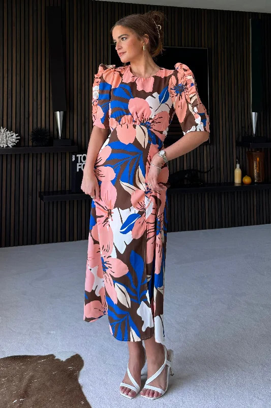 Midi dresses with printed lining for a hidden and stylish detailSamira Navy Peach Floral Frill Sleeve Midi Dress Midi dresses with printed lining for a hidden and stylish detailSamira Navy Peach Floral Frill Sleeve Midi Dress