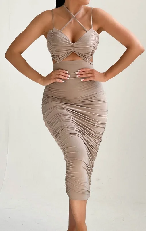 Midi dresses with pom - pom trims for a playful and festive lookStone Cut Out Strappy Ruched Tie Detail Midi Dress - Beth Midi dresses with pom - pom trims for a playful and festive lookStone Cut Out Strappy Ruched Tie Detail Midi Dress - Beth